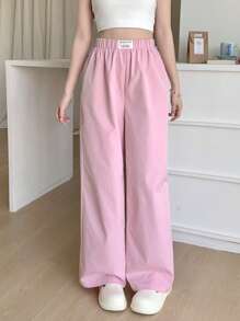 SHEIN 少女粉色休闲百搭编织腰带编织标签装饰长裤，适合居家休闲 - 粉色 - 查看 6