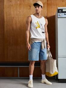 SWAVVY Men Cotton Sleeveless White Going Out Funny Cartoon Graphic Tank Top, Boyfriend Gift