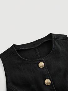 SHEIN MOD 女式夏季单排扣圆领无袖休闲牛仔衬衫 - 黑色 - 查看 3