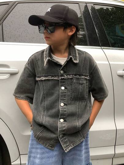 SHEIN Tween Boy Fashion Casual Y2k Simple Comfortable Street Punk Fringed And Pocket Design Grey Denim Lapel Casual Shirt Top For Kids Clothes Boys Costume Dailywear And Kids Summer And Spring Rave Outfits Festival And Beach Outfits Clothes