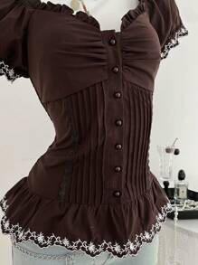 Elamini Blusa de manga de princesa con cuello cuadrado, con borde bordado y cintura entallada, para primavera/verano - Café integral - Ver 7