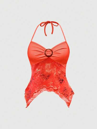 Hippie Summer Casual Printed Asymmetric Hem Halter Neck Top