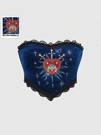 Goth Top sans bretelles pour femmes grande taille Lolita gothique de printemps - broderie en forme de cœur, pierres précieuses et cristaux en forme de larme