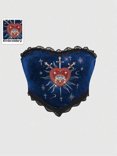 Goth Blusa sin tirantes con bordado de corazones, piedras preciosas y cristales en forma de lágrima para mujeres de talla grande en estilo gótico lolita de primavera