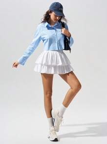 Menodora SHEIN Sport Cloudkiss 100%Cotton Casual Solid Color Woven Cropped Women Button Up Shirt - Dusty Blue - View 4
