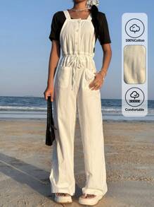 SHEIN EZwear 女式白色休闲纯色前扣口袋无袖连体裤 - 白色 - 查看 1