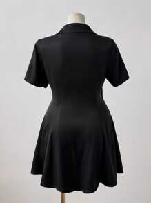 Flirla V-Neck Elegant Short Sleeve College Style Waisted A-Line Dress, Slimming Black Dress For Summer