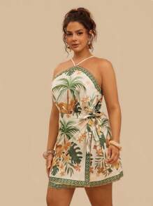 Travachic Plus Size Women Tropical Print Wrap Tie Neck Sleeveless Dress, Summer Beach Vacation Style Women Short Dresses Summer Women Summer Clothing Woman S Summer Clothes Women Summer Sets Women S Clothes,Summer Dresses For Women