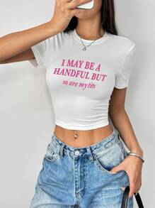 INAWLY Women's Summer Casual Slogan Print Round Neck Short Cropped T-Shirt - White - View 3