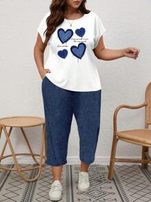 EMERY ROSE 2 pezzi set casual e minimalista con stampa di cuori blu nautico, adatto per vacanze estive in taglie forti