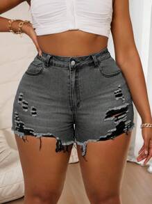 SHEIN SXY Plus Size Women Stretch Denim Ripped Sexy Shorts