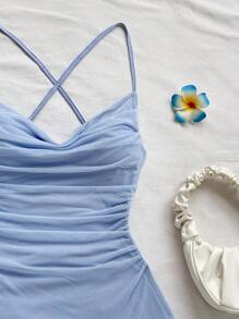 Soleia Vestido mini para mujer de estilo vacacional, con tirantes de espagueti, cuello drapeado, espalda descubierta, lazo, cola de pez, estilo sexy, para el té, pasear, romántico, cita, atuendo de playa, malla, joven, estilo juvenil