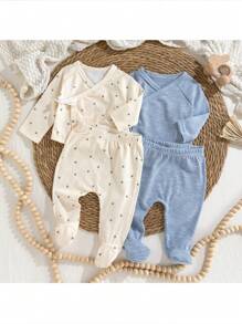 Loomiva 新生儿 4 件套：小碎花柔软针织圆领长袖套头衫和松紧腰裤 - 彩色 - 查看 1