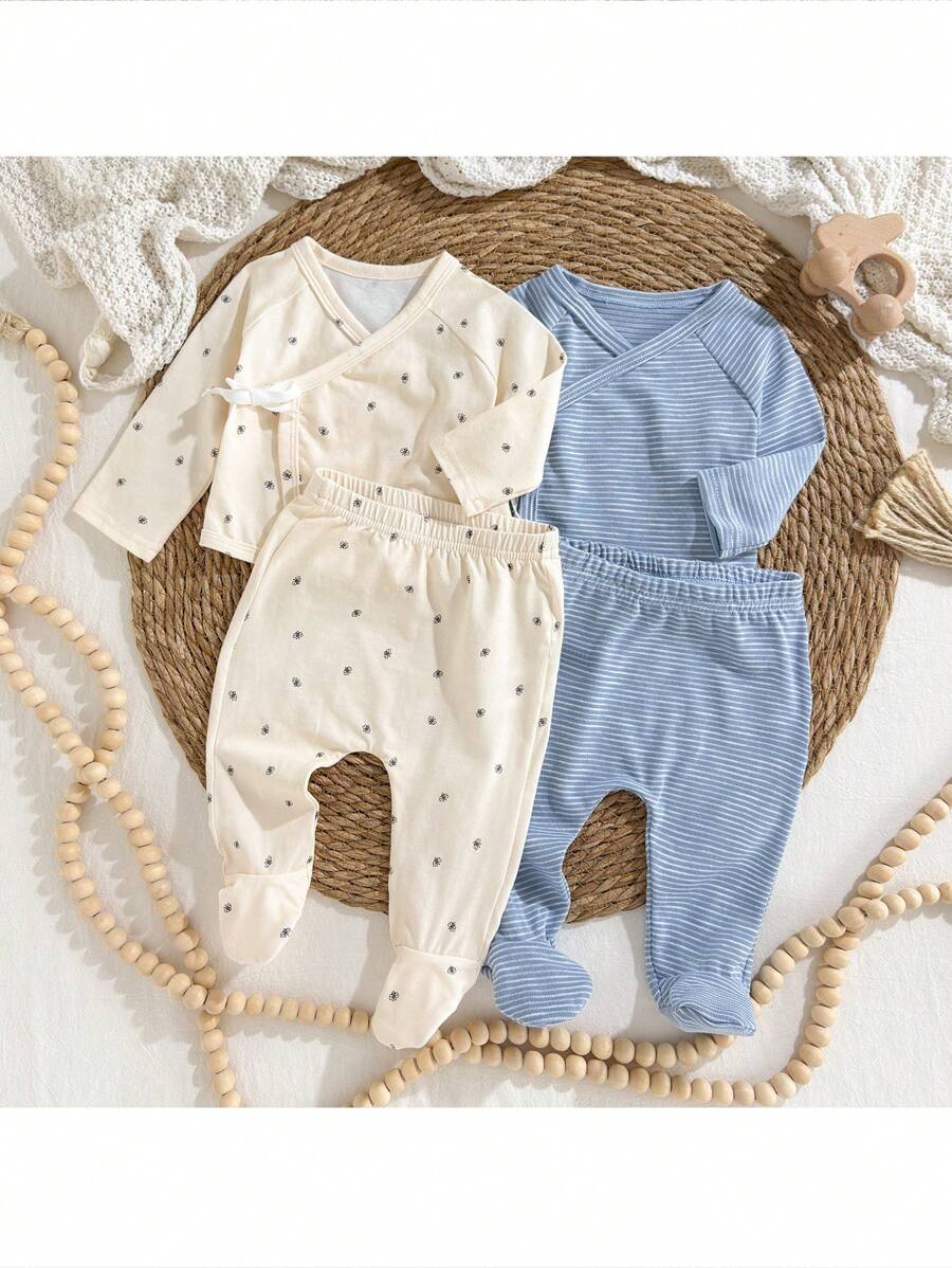 Loomiva 新生儿 4 件套：小碎花柔软针织圆领长袖套头衫和松紧腰裤 - 彩色 - 查看 1