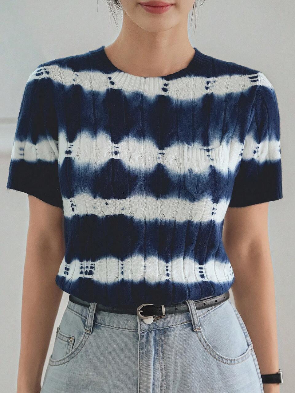Navy And White Summer Casual Everyday Fitted Crochet & Knit Pullover Sweater,Tie Dye Gradient Striped Pattern,Versatile Office Short Sleeve Top Women