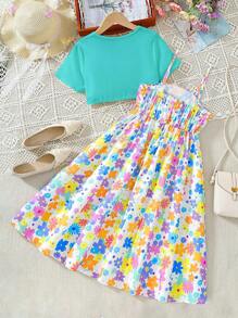 Tween Girl Dopamine Floral Print Maxi Cami Dress With Solid Color Shrug Cardigan