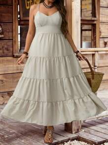 SHEIN Clasi Robe longue pour le Nouvel An, à bretelles fines, dos nu, avec volants à l'ourlet, sans manches, de couleur unie, grande taille, pour tenue de fête pour le Thanksgiving