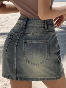DAZY Women's Double-Breasted Waist Band, Star Rivet Decor, Pocket Patchwork, Ripped Hem Straight Short Skirt, Summer Jeans Skirt - Medium Wash - View 3