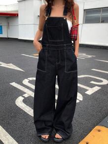 DAZY 女式宽松休闲长款牛仔背带裤，夏季，返校服工装裤