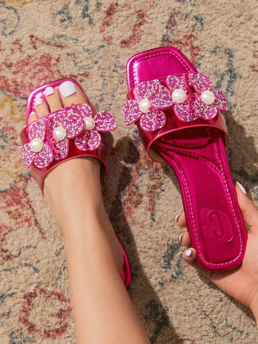 CUCCOO TILAWA 女士新款珍珠方头平底凉鞋，舒适休闲时尚派对鞋，四季皆宜 - 粉色 - 查看 1