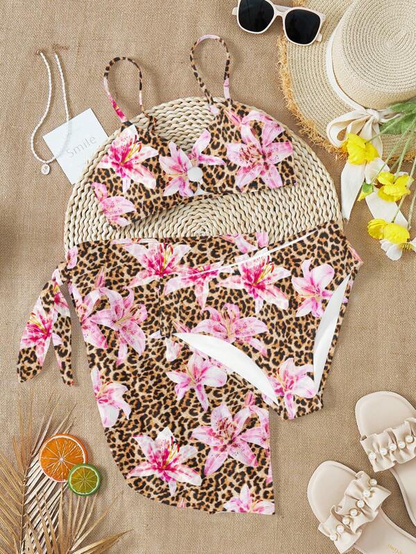 Vintage Leopard Print Lily Flower Design Summer Holiday Trip, Spring Break Girls Trip, Teen Girls Casual Camisole Bra & Briefs Swimming Suit Set, Suitable For Summer