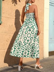 SHEIN Swim Women's Summer Beach Vacation Sleeveless Hollow Neck Full Body Allover Print Dress - Green - View 2