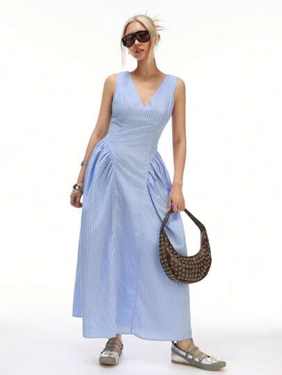 LYSMO 女士休闲条纹无袖梭织连衣裙，夏季