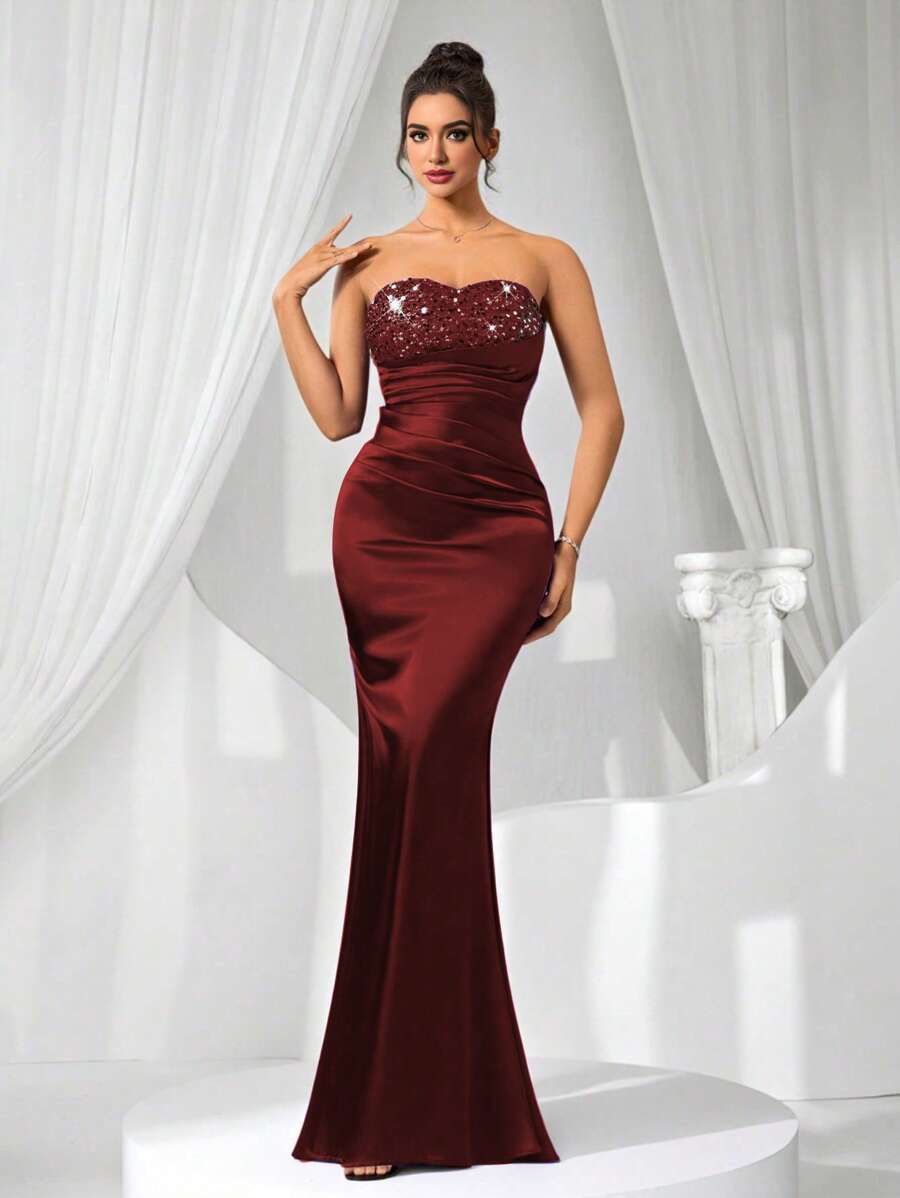Coutiva High-End Banquet Dress, Sequin Patchwork Design Off-Shoulder Elegant Formal Dress For Parties - Burgundy - View 1