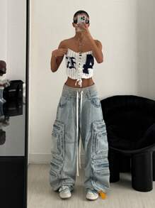 StreetHx Áo crop top hở vai in chữ mùa hè hở lưng khoét sâu buộc phía trước dành cho nữ - trắng - Xem 1