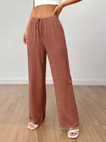 SHEIN PETITE Women's Linen High Waisted Summer Baggy Pants,Fall Women Clothes - Rust Brown - View 3
