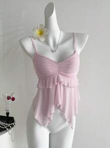 Sweetra Camiseta asimétrica con volantes sexy al estilo Y2K