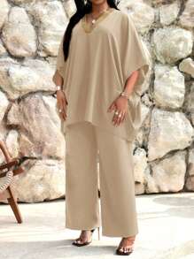 SHEIN Lady Spring And Summer Elegant Commuting Office Casual Boho Khaki Woven V Neck Batwing Sleeve Tape Ruffle Neck Long Short Sleeve Plus Size Co-Ords,Two Piece Set Women - Khaki - View 5