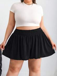 SHEIN CURVE+ 大码休闲纯色宽松短裤、夏季/图案T恤 - 黑色 - 查看 3