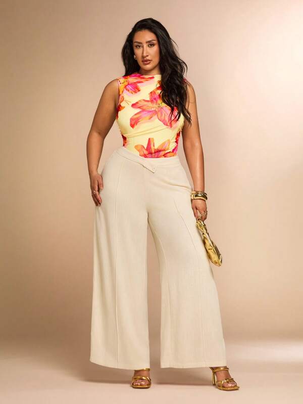 SHEIN BAE Plus Size Women's Floral Print Pleated Sleeveless Fitted Mesh See-Through Bodysuit, Elegant Resort Bodysuit,4th Of July,4th Of July Clothes,Memorial Day, Festa Junina,Graduation,Work/Office,Vacation Outfits,Summer Tops,Butter Yellow,Summer Outfits For Women,Graphic Tees Women,Vacation Outfits Women,Western Wear Women,Going Out Tops Women