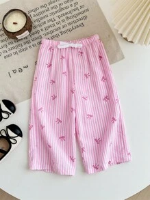 SHEIN 女婴休闲舒适百搭可爱粉色蝴蝶结设计裤子 - 粉色 - 查看 2