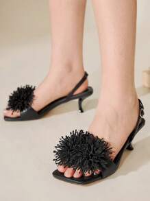 CUCCOO CHICEST Women Pearly Toe Strap Rhinestone Decor Pointed Toe Low Block Heel Elegant, Charming, Sexy, High-Class Vacation & Clubbing Black High Heel Sandals Slippers - Black - View 8