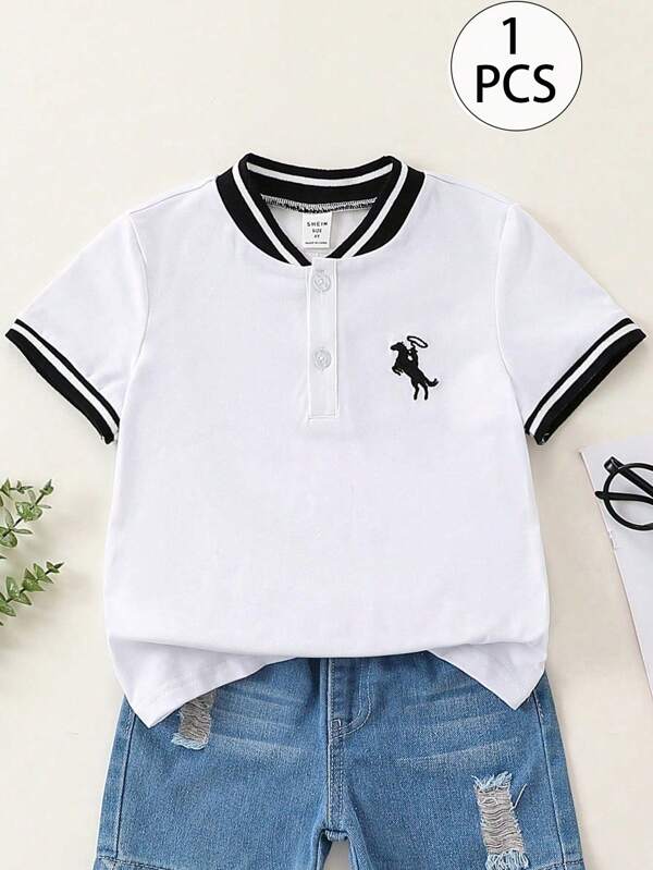 SHEIN Tricou POLO cu mânecă scurtă, stil sport și școlar, cu guler semideschis, model brodat cu cai, asortat, confortabil pentru ieșiri, studiu, petrecere, vacanță, călătorii, relaxare, plajă, potrivit pentru primăvară și vară.