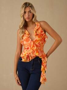 Enchnt Top casual de verano de mujer con volantes, cuello de halter y espalda descubierta con estampado total