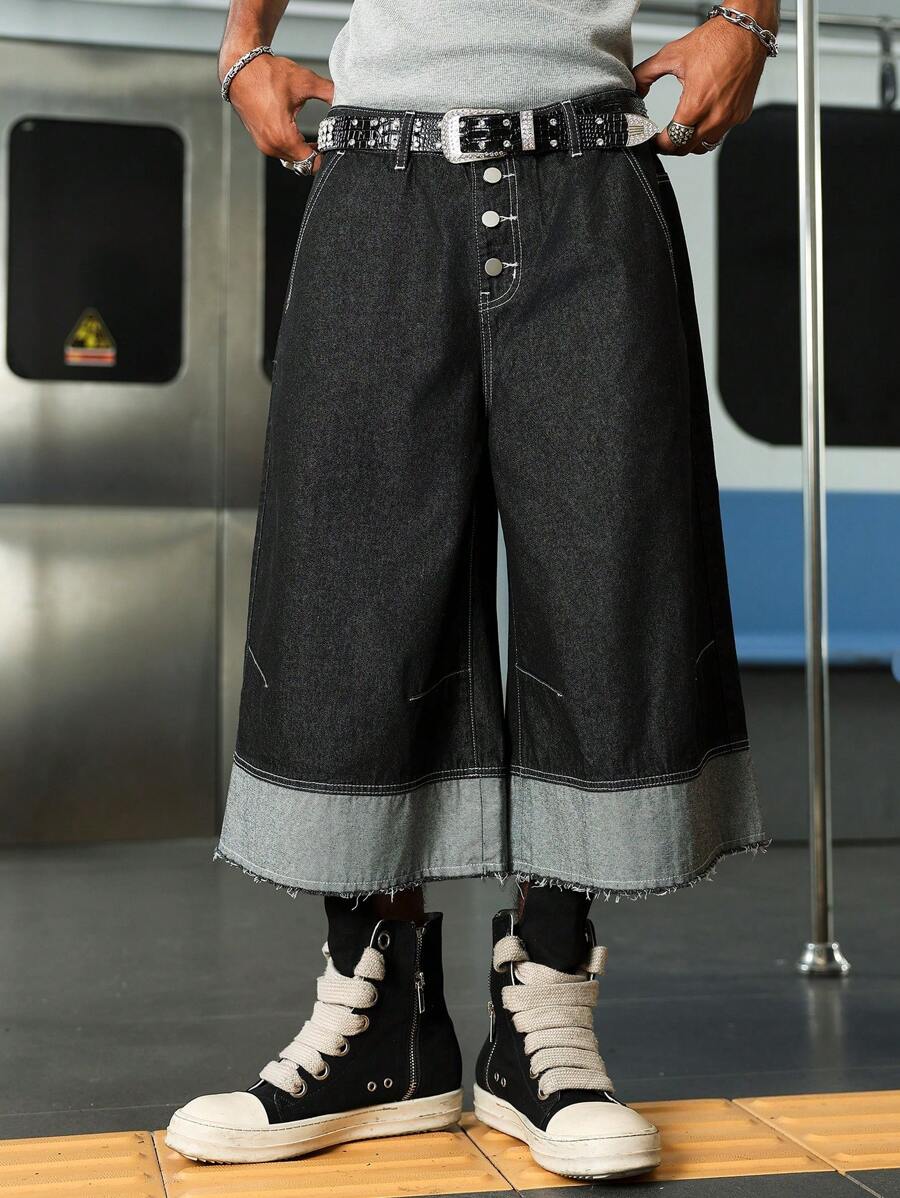 PAVTROS Manfinity Streetrush Men's Pocket Button Fly Frayed Edge Relaxed Fit Jeans Men S Wide Leg Jeans - Black - View 1