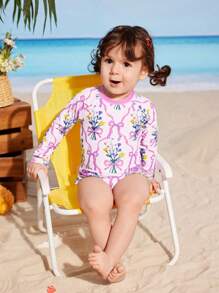 Toddler Girls' Cute Floral Print Purple Bow Accent Ruffle Trim One-Piece Swimsuit For Beach,Summer Toddler Swimsuit Long Sleeve Baby Rash Guard Toddler Rash Guard Baby Girl Swimsuit Long Sleeve Rash Guard Baby - Pink - View 3