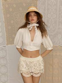 SHEIN MOD Women Exaggerated Short Puff Sleeve Deconstructed Blouse, Cottagecore, Bohemian Top - Apricot - View 1