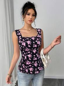 Breezaya Blusa sin mangas de cuello con cordón y estampada, plegable para mujeres - Negro - Ver 4