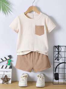 SHEIN 2 Stücke/Set Sommer Lässig Kontrast Farbe Tasche T-Shirt & Shorts für Kleine Jungen