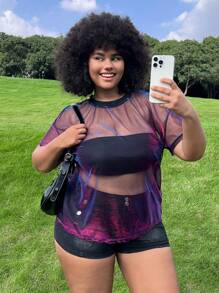 SHEIN EZwear 大码春夏女式彩虹色透明短袖上衣