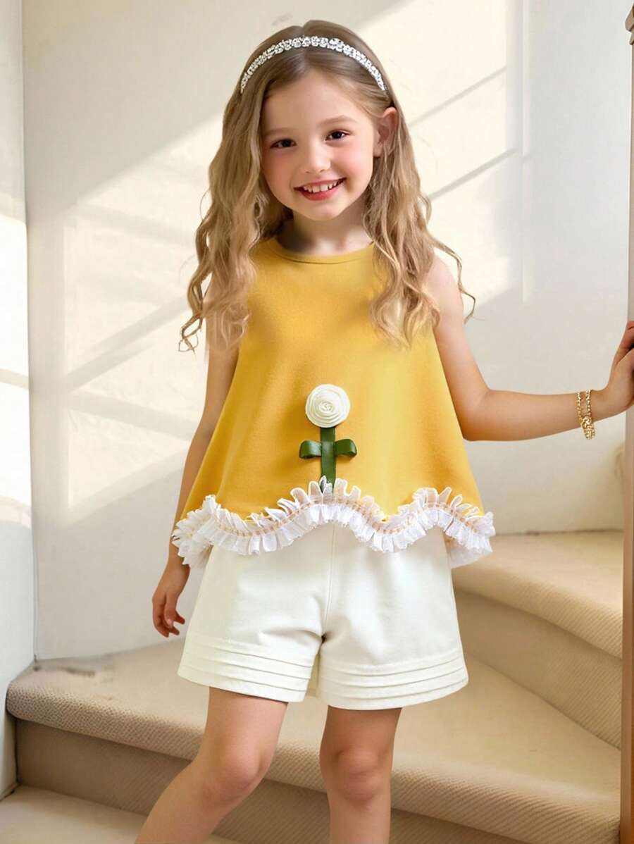 Bộ đồ liền thân 2 món không tay có viền nhún bèo trang trí hoa cho bé gái, quần short thường ngày không tay và áo ba lỗ, thời trang mùa hè phong cách ngày lễ - Nhiều màu - Xem 1