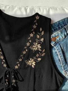 Comfortcana Áo cánh nữ không tay màu đen thêu hoa phong cách Bohemian buộc phía trước, mùa hè - màu đen - Xem 5