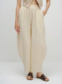 TrendSteals 女式纯色松紧腰口袋宽松休闲长裤 - 卡其色 - 查看 1