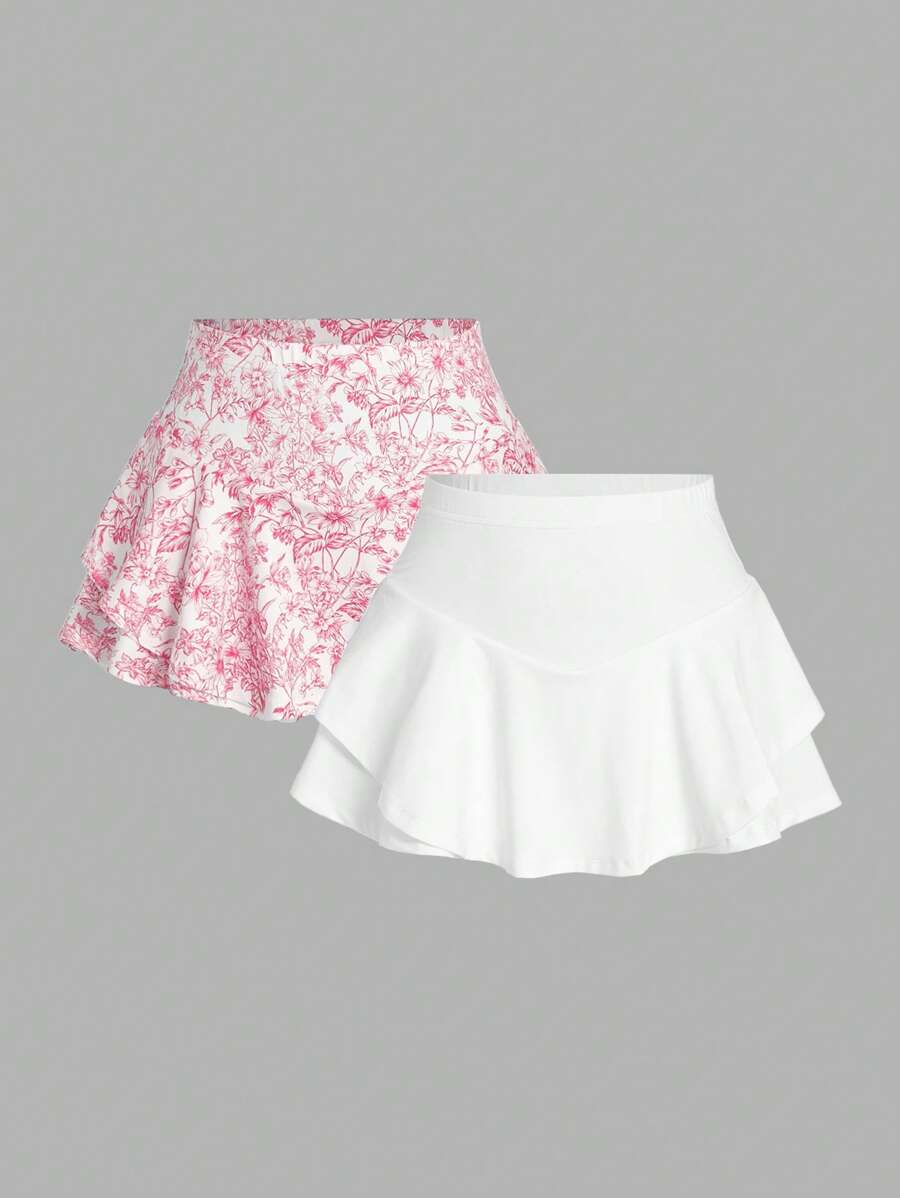 SHEIN EZwear 2pcs/Set Women's Pink & White Floral Print Shorts, Summer - Pink - View 1