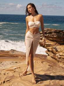 Anewsta Women's Solid Color Bandeau Bikini Set With Twister Waist Skirt For Summer Beach Vacation - Beige - View 6