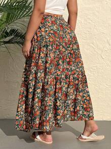 SHEIN EZwear Plus Size Casual Ditsy Floral Elastic Waist A-Line Skirt, Autumn